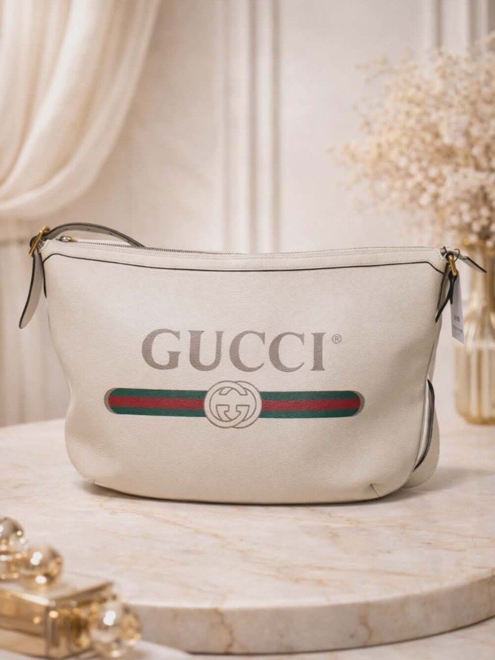 Authentic Gucci Logo Print Leather Shoulder Bag White GG Stripe Crossbody Hobo